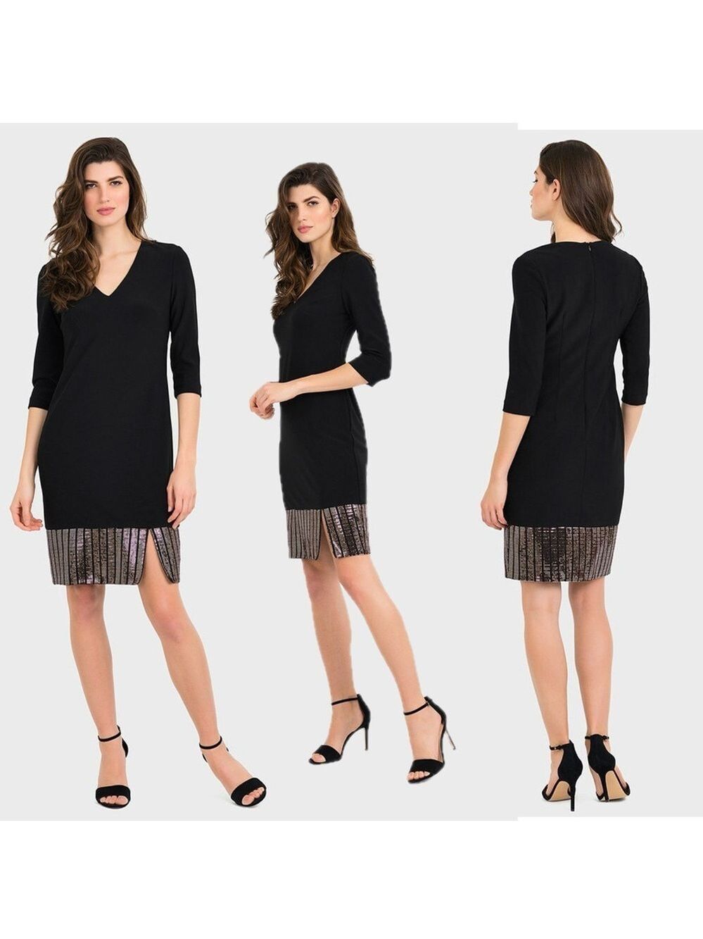 Joseph Ribkoff black V-neck sheath dress metallic Rose Gold sequin accents 6 NWT
